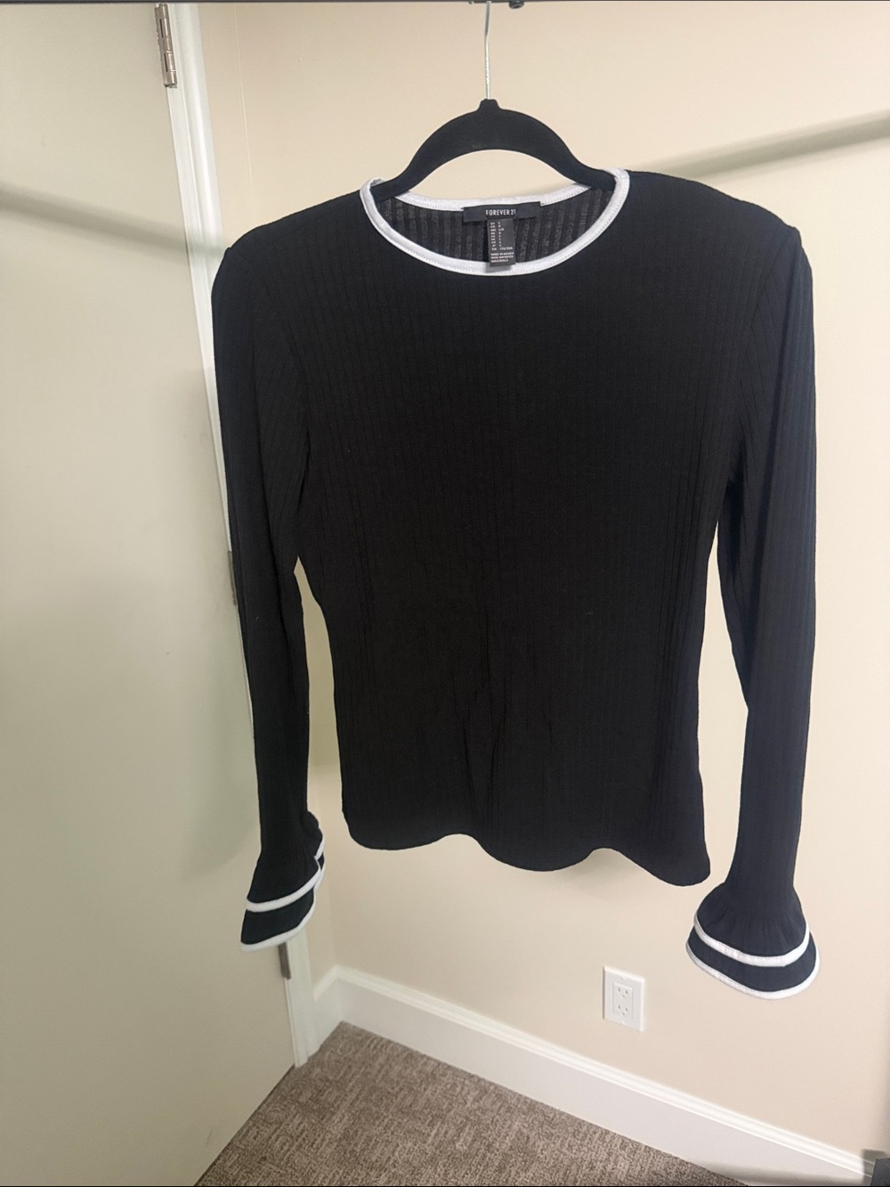 Forever 21 Black Long-Sleeve Ribbed Top with White Trim Accents